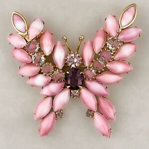 Vintage Butterfly Brooch Pink White Marquise Cabochons Pink Givre Rhinestones